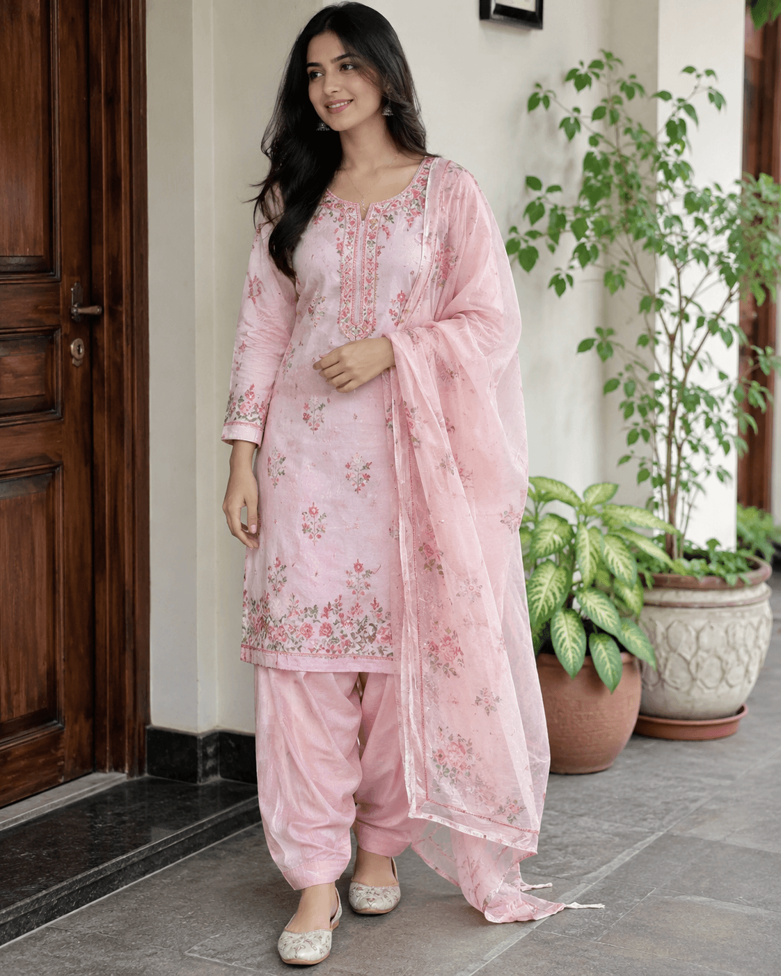 Blush Pink Floral Embroidered Salwar Suit with Organza Dupatta