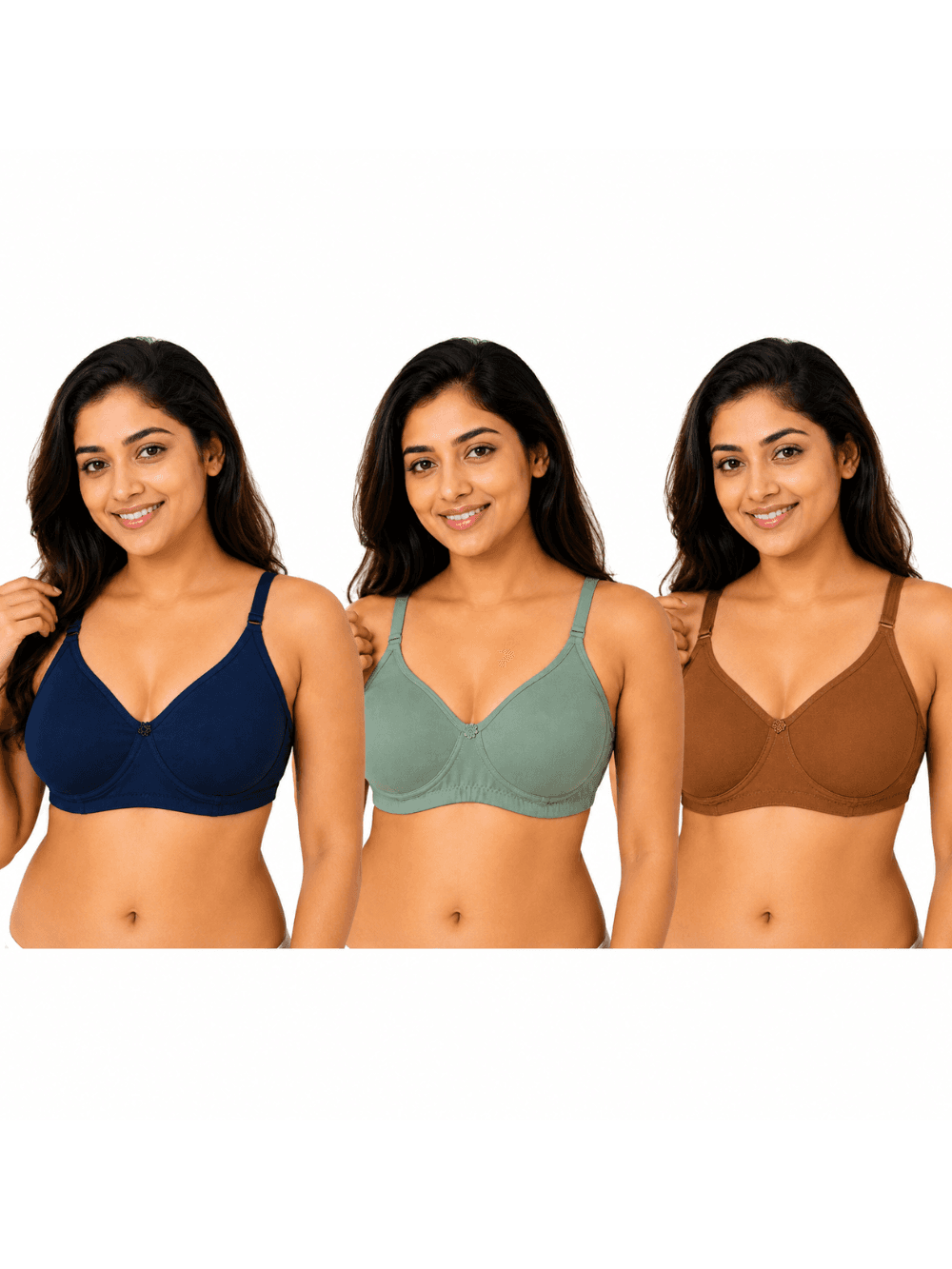 Women’s  Bra – Non-Padded (Pack of 3 )-Navy Blue ,Sage Green & Coffee Brown
