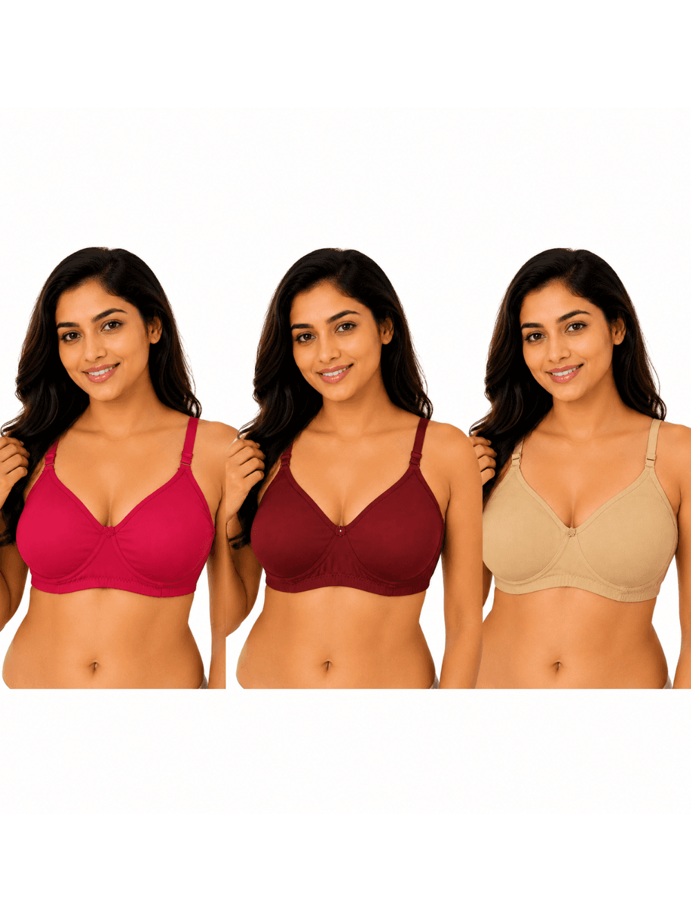 Women’s  Bra – Non-Padded (Pack of 3 )- Pink , Wine & Skin Beige
