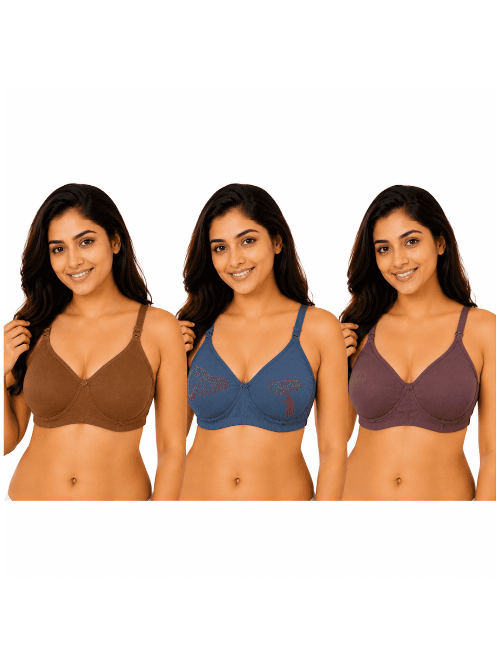Women's  Bra – Non-Padded (Pack of 3 )-Coffee Brown, Steel Blue & Mauve